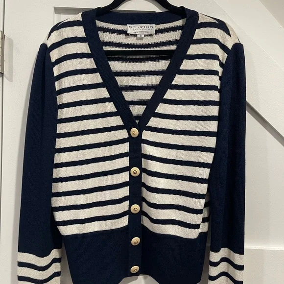 St. John Collection Navy and Cream Striped Cardigan